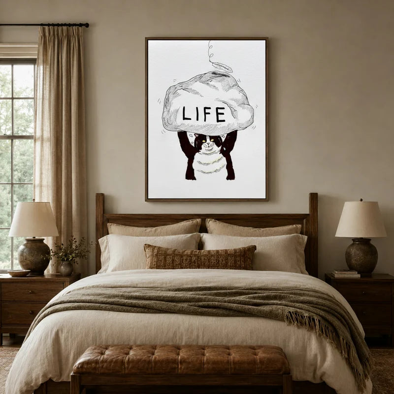 Funny cat illustration canvas wall art hanging above bed in cozy neutral bedroom