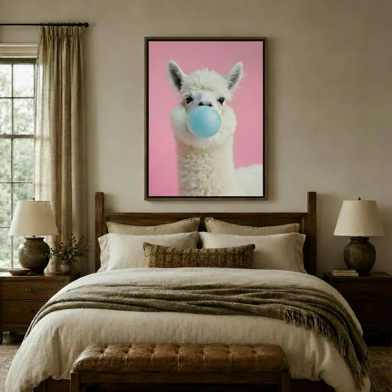 Funny alpaca blowing bubble gum pop art canvas wall art above bed in cozy farmhouse bedroom