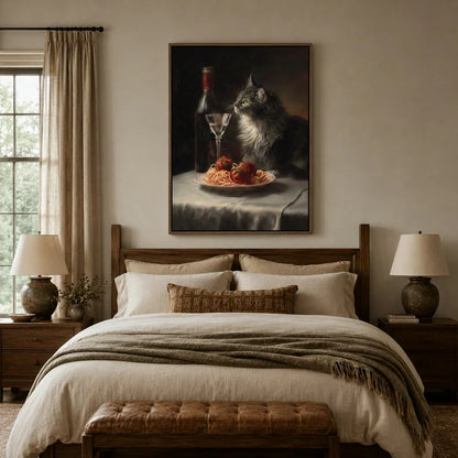 Classical still life cat wall art in dark walnut floater frame above linen bed in cozy neutral bedroom