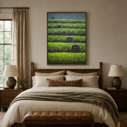 Whimsical black cat tea field canvas displayed above a cozy neutral bedroom headboard