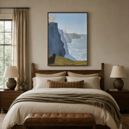 Whimsical sea cliff cat canvas displayed above a wooden bed in a cozy warm-toned traditional bedroom