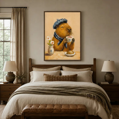 Cute capybara wall art above bed in cozy neutral bedroom, warm honey tones with linen bedding
