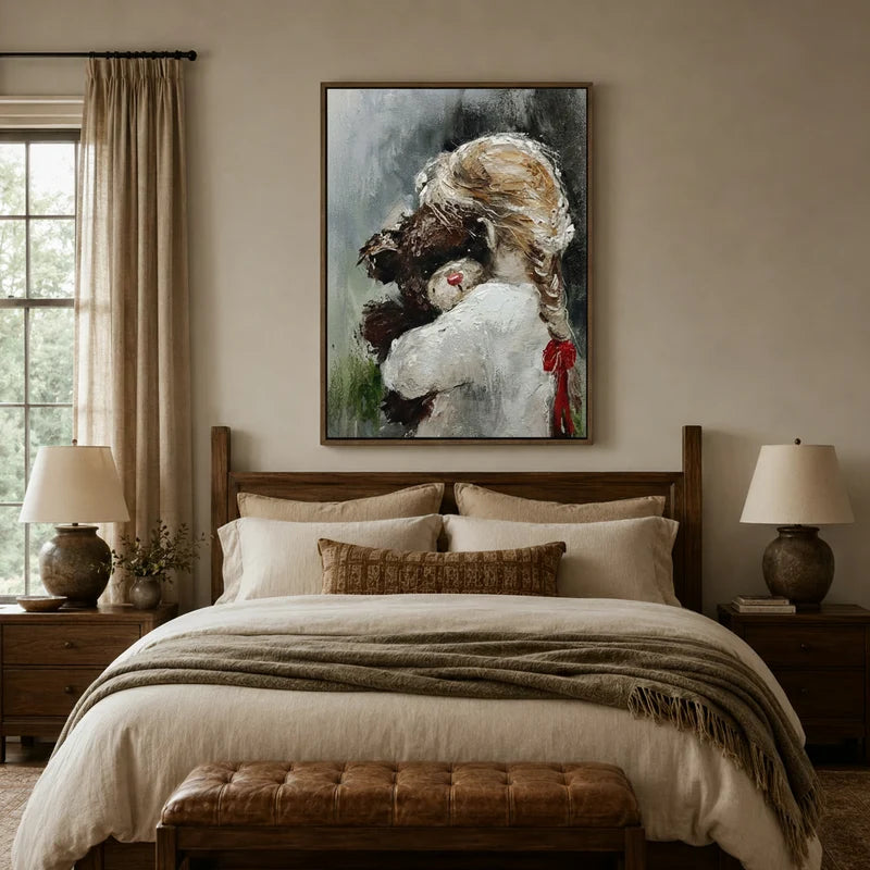 Childhood nostalgia canvas art hanging in a styled bedroom with soft warm and grey tones