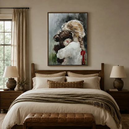 Childhood nostalgia canvas art hanging in a styled bedroom with soft warm and grey tones