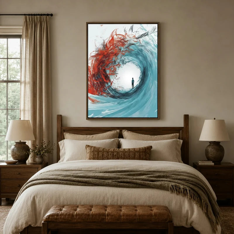 Expressionist wave silhouette canvas above linen bed in cozy neutral bedroom with wood headboard and table lamps
