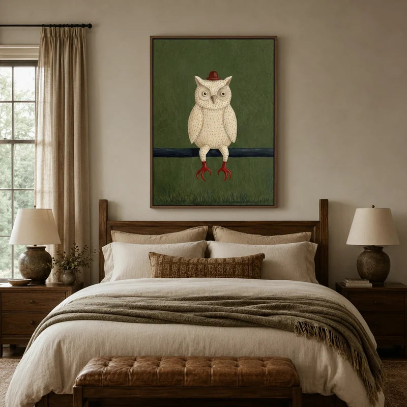 Whimsical owl canvas art in dark wood frame above a rustic farmhouse bedroom headboard