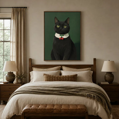Black cat cherry collar portrait canvas above wooden bed in a rustic bedroom with linen bedding and leather bench