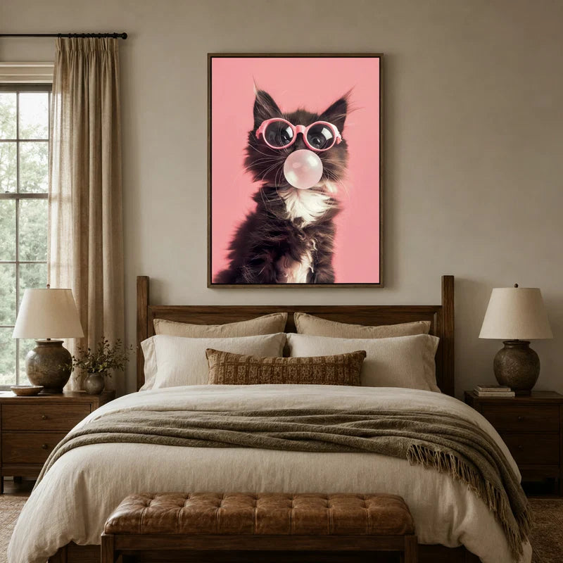 Pop art black kitten blowing bubble gum canvas wall art above bed in cozy farmhouse bedroom with warm lighting