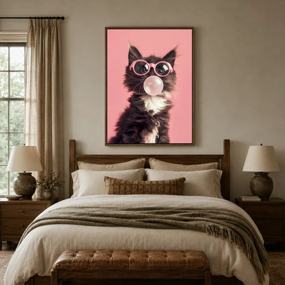 Pop art black kitten blowing bubble gum canvas wall art above bed in cozy farmhouse bedroom with warm lighting
