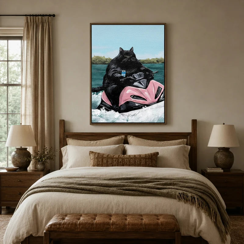 Funny fat cat on jet ski canvas art displayed above a bed as bold bedroom wall decor in a rustic setting