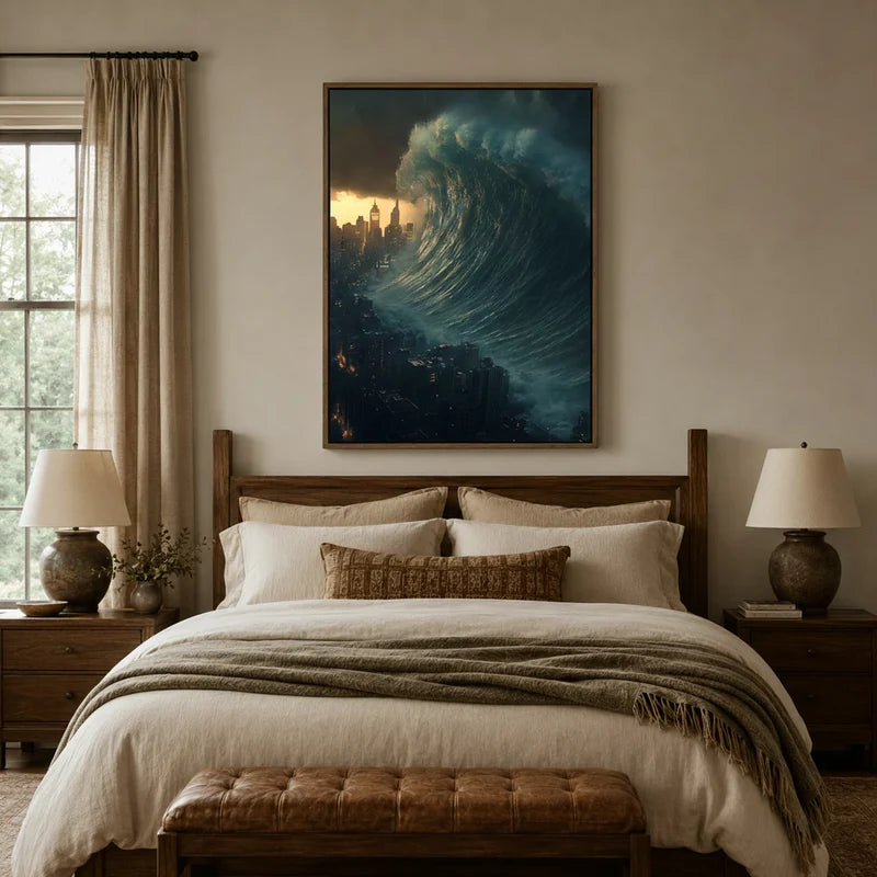 Dark surreal tidal wave canvas wall art above a rustic wood bed in a cozy neutral bedroom
