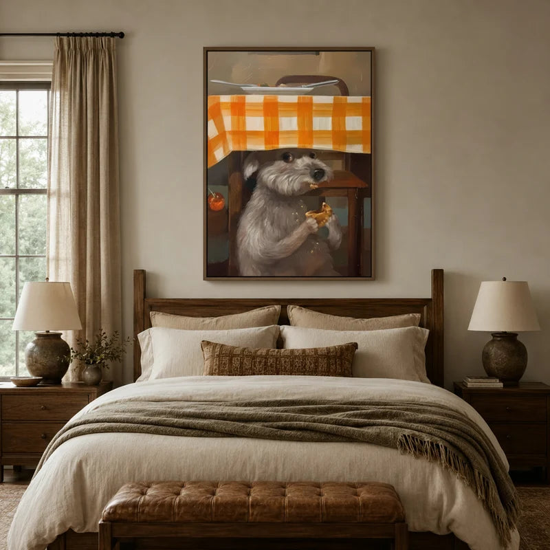 Funny schnauzer under orange checkered tablecloth canvas wall art above bed in cozy farmhouse bedroom