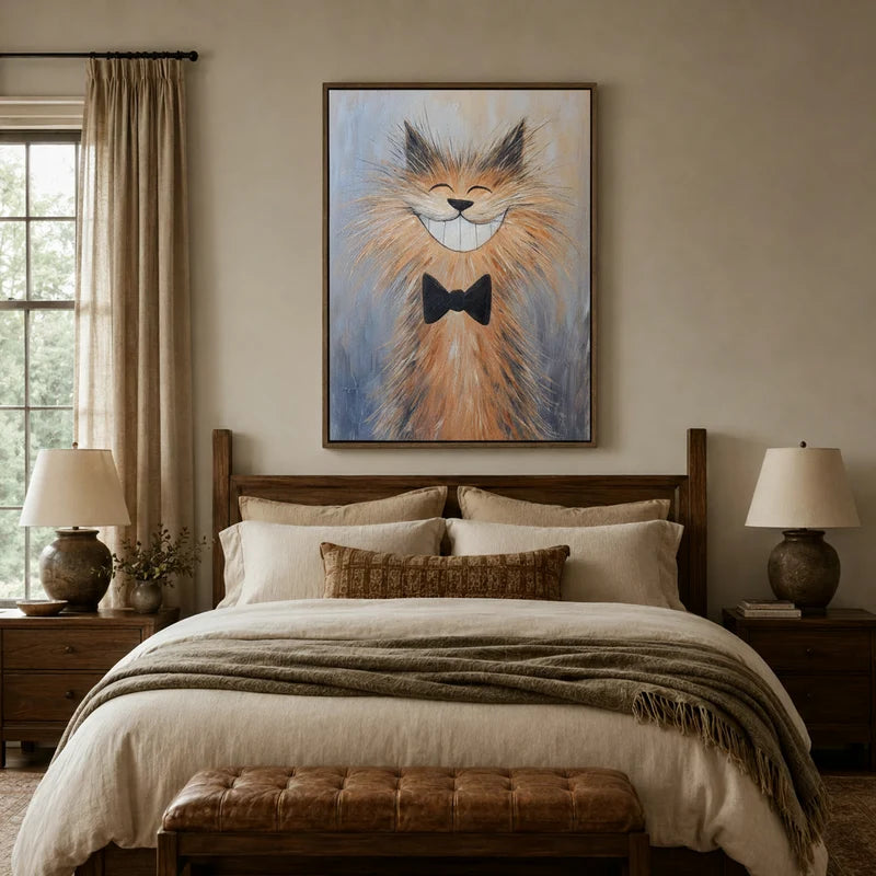 Whimsical smiling cat canvas art hanging in a styled bedroom with warm amber and soft blue-grey tones