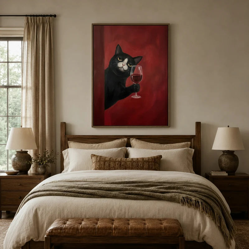 Dramatic tuxedo cat red wine canvas above wooden bed in a rustic bedroom with linen bedding and warm lamps