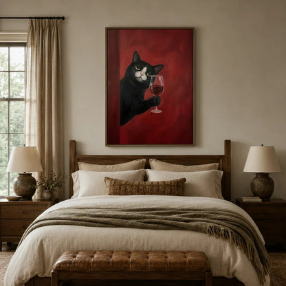 Dramatic tuxedo cat red wine canvas above wooden bed in a rustic bedroom with linen bedding and warm lamps