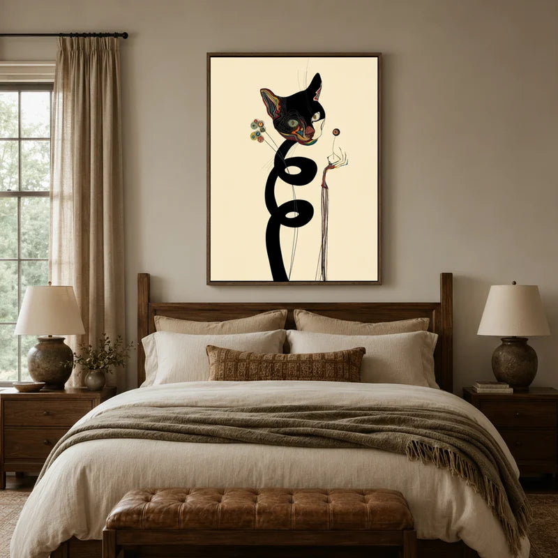 Abstract cat fine art canvas above a rustic wood bed in a warm neutral bedroom with linen bedding