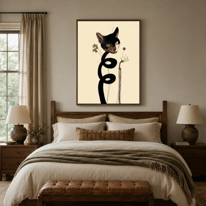 Abstract cat fine art canvas above a rustic wood bed in a warm neutral bedroom with linen bedding
