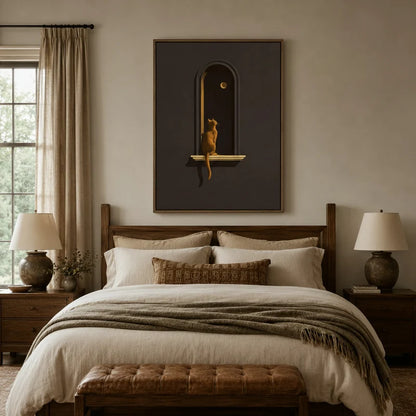 Dark romantic cat canvas wall art above a linen headboard in a cozy warm-toned bedroom