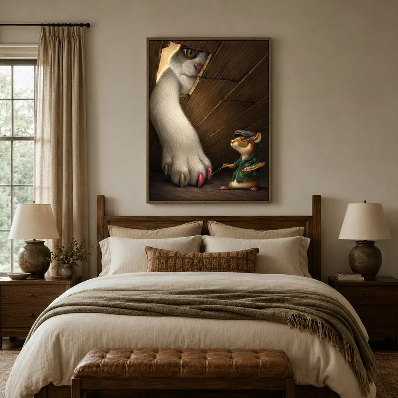 Narrative cat and mouse canvas wall art above linen bed in cozy rustic bedroom with wood headboard and table lamps