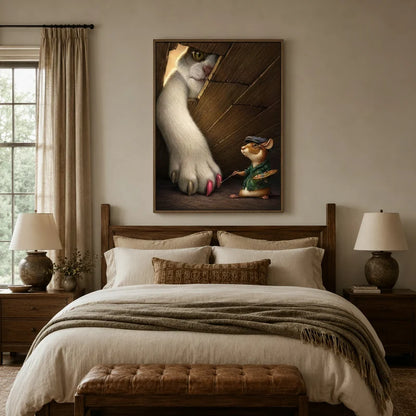 Narrative cat and mouse canvas wall art above linen bed in cozy rustic bedroom with wood headboard and table lamps