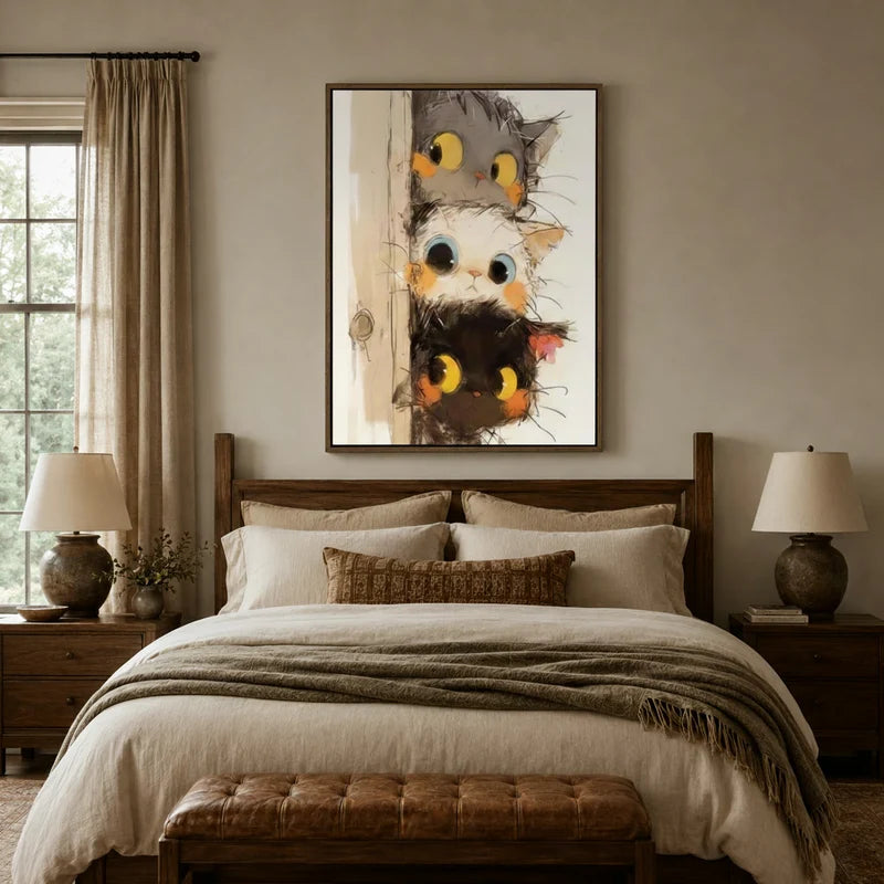 Cute illustrated cats peeking canvas art displayed above a bed as cozy bedroom wall decor in a rustic setting