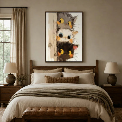 Cute illustrated cats peeking canvas art displayed above a bed as cozy bedroom wall decor in a rustic setting
