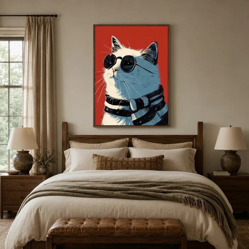 Pop art cat in round shades wall art above bed in cozy neutral bedroom with linen bedding and wood furniture