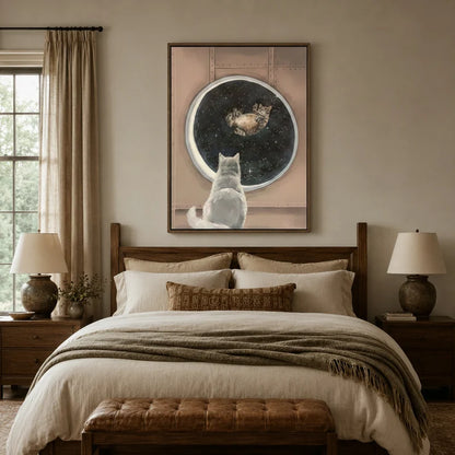 Dreamy cat stargazing canvas art above a linen bed in a warm neutral bedroom