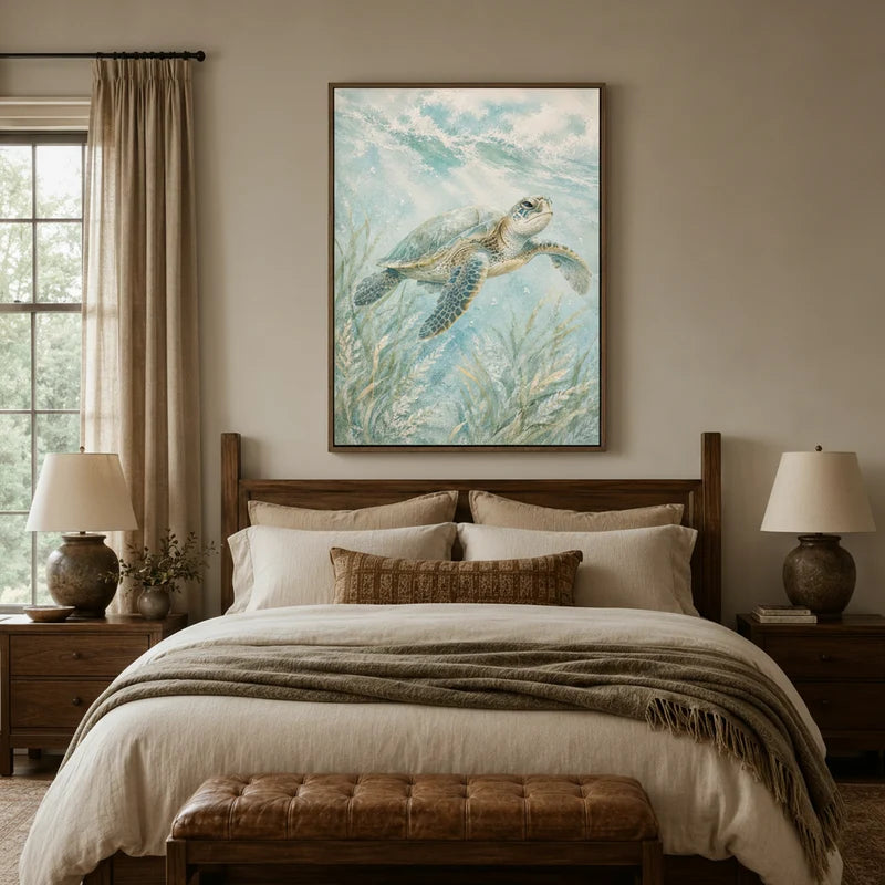 Sea turtle canvas wall art in dark wood floater frame above a rustic farmhouse bedroom bed