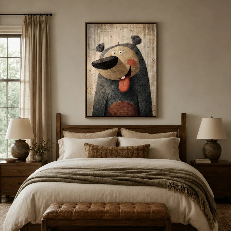 Whimsical bear portrait canvas in dark wood frame above a rustic farmhouse bedroom headboard