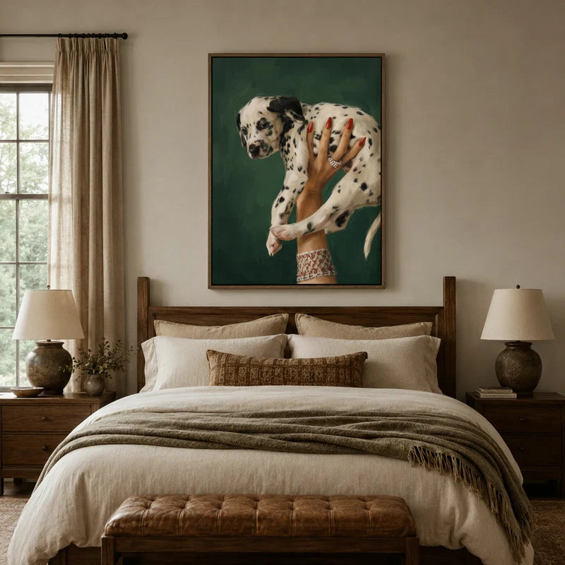 Emerald green Dalmatian puppy portrait canvas art displayed above a bed in a warm rustic bedroom