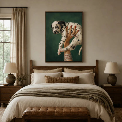 Emerald green Dalmatian puppy portrait canvas art displayed above a bed in a warm rustic bedroom