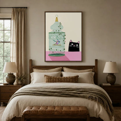 Black cat watching birdcage canvas wall art above bed in cozy neutral farmhouse bedroom
