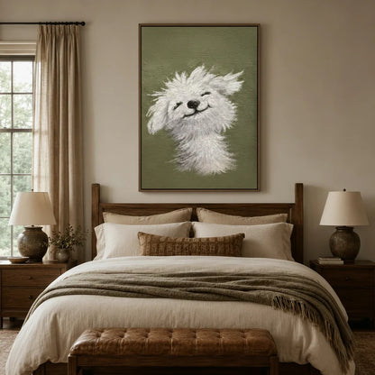 White fluffy dog smiling canvas above wooden bed in a cozy rustic bedroom with linen bedding and warm lamps