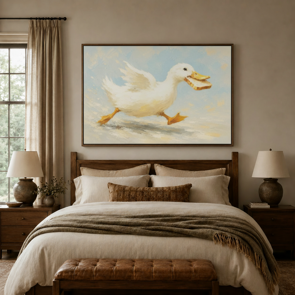 Playful duck oil painting canvas in float frame above bed in cozy bedroom interior