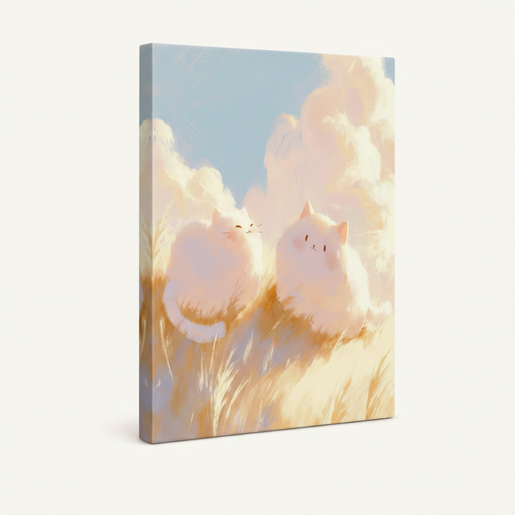 Gallery-wrapped two cats dreamy wheat field illustration canvas with warm golden cream tones wrapping left edge