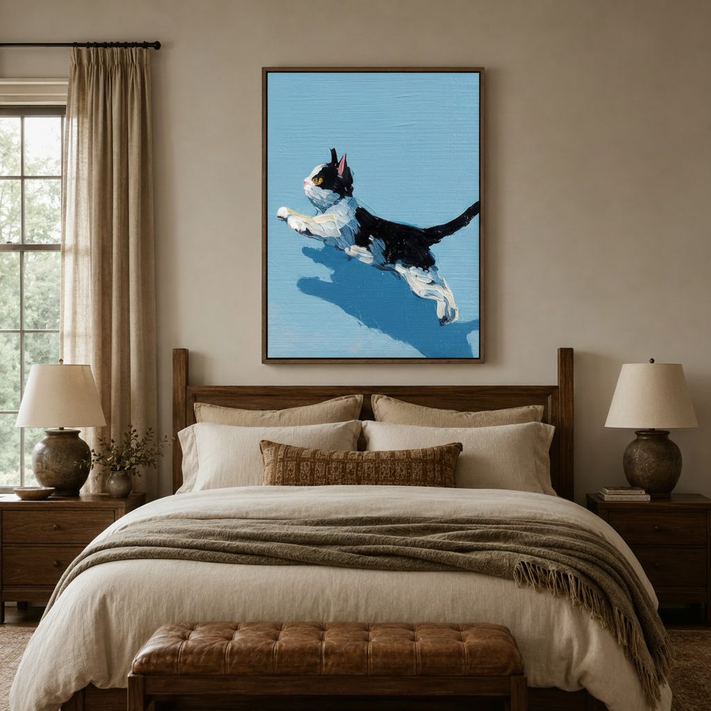 Playful tuxedo cat framed canvas wall art centered above wooden bed headboard in cozy bedroom