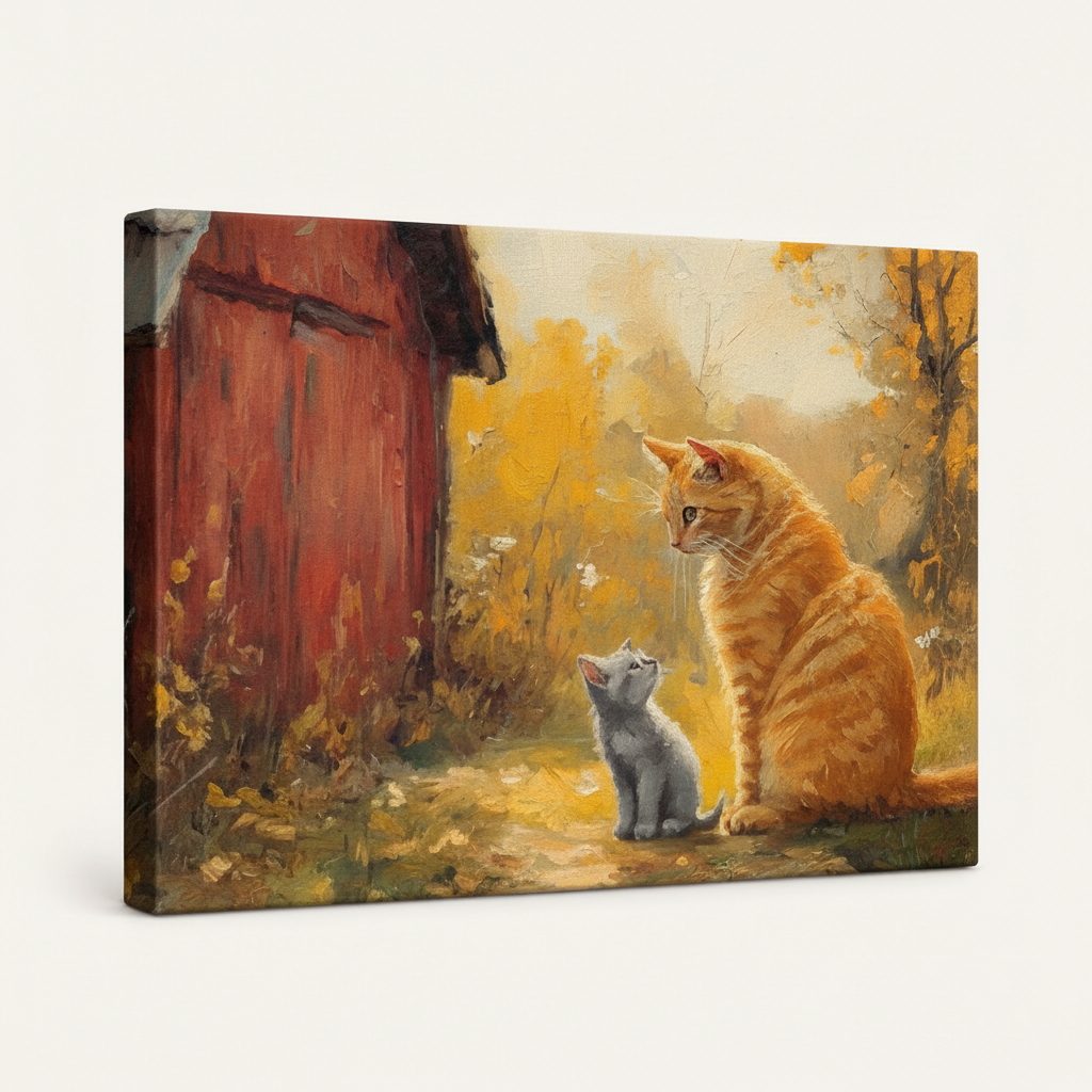 Gallery-wrapped orange cat kitten autumn barn canvas, 3/4 angle showing warm amber golden foliage tones on wrap edges