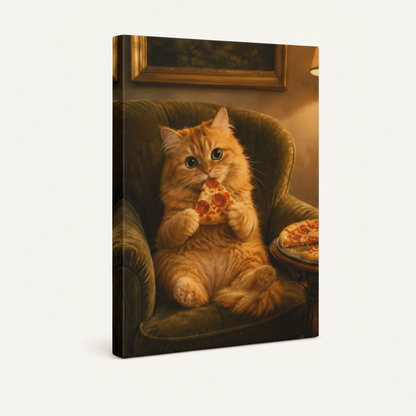 Gallery-wrapped fat cat pizza velvet chair canvas showing deep dark green wrap edges, no frame, 3/4 angle