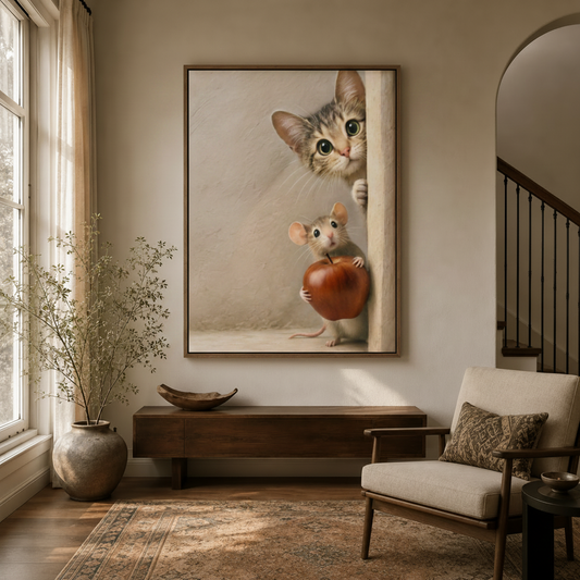 Curious cat peeking canvas print in natural wood frame styled in warm entryway with arched doorway