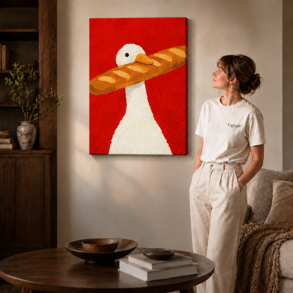 Frameless duck and baguette canvas wall art displayed beside a woman in a warm modern living room