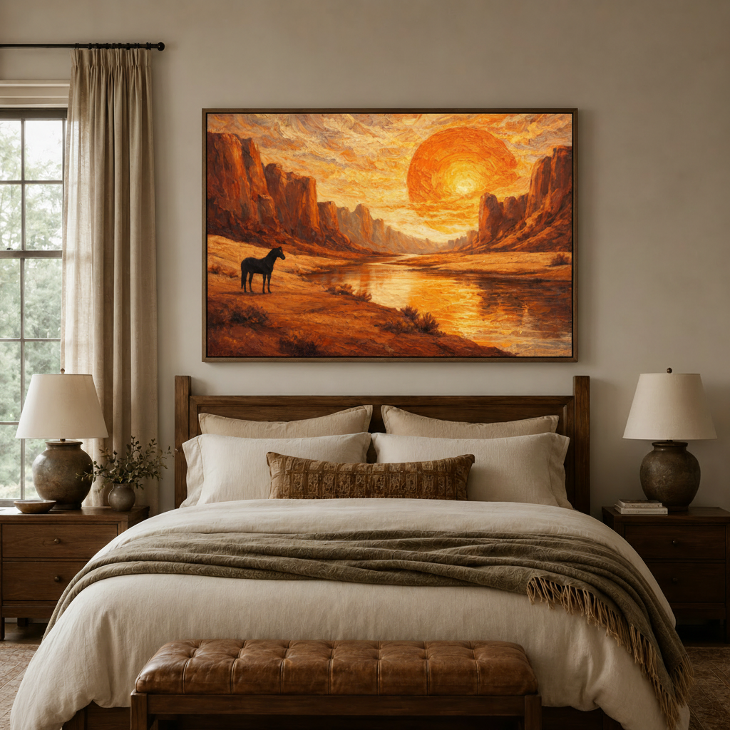 Lone horse sunset canyon impasto canvas in a dark walnut frame centered above a bed in a cozy warm bedroom
