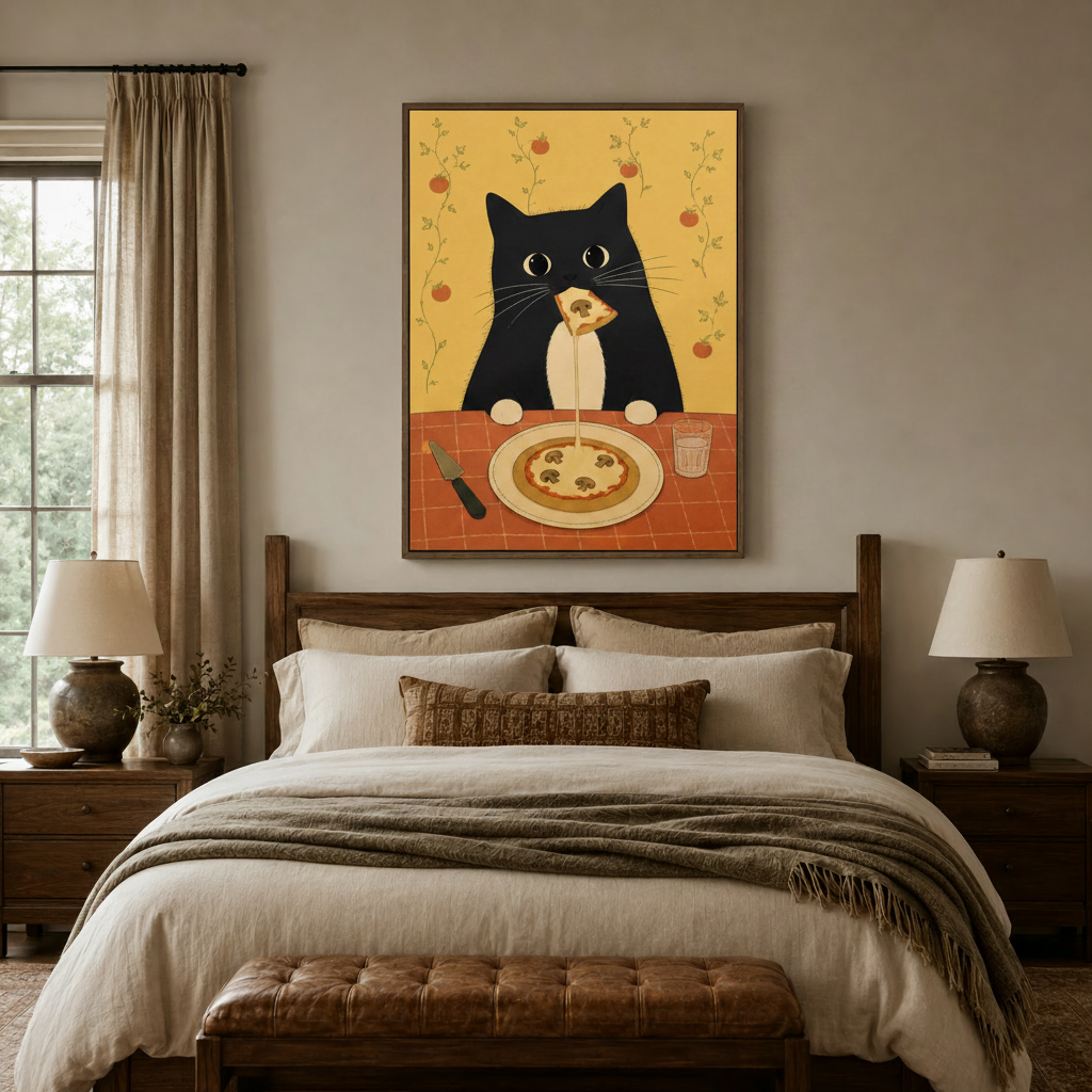 Cat pizza illustration canvas print hanging above a linen bed in a farmhouse bedroom