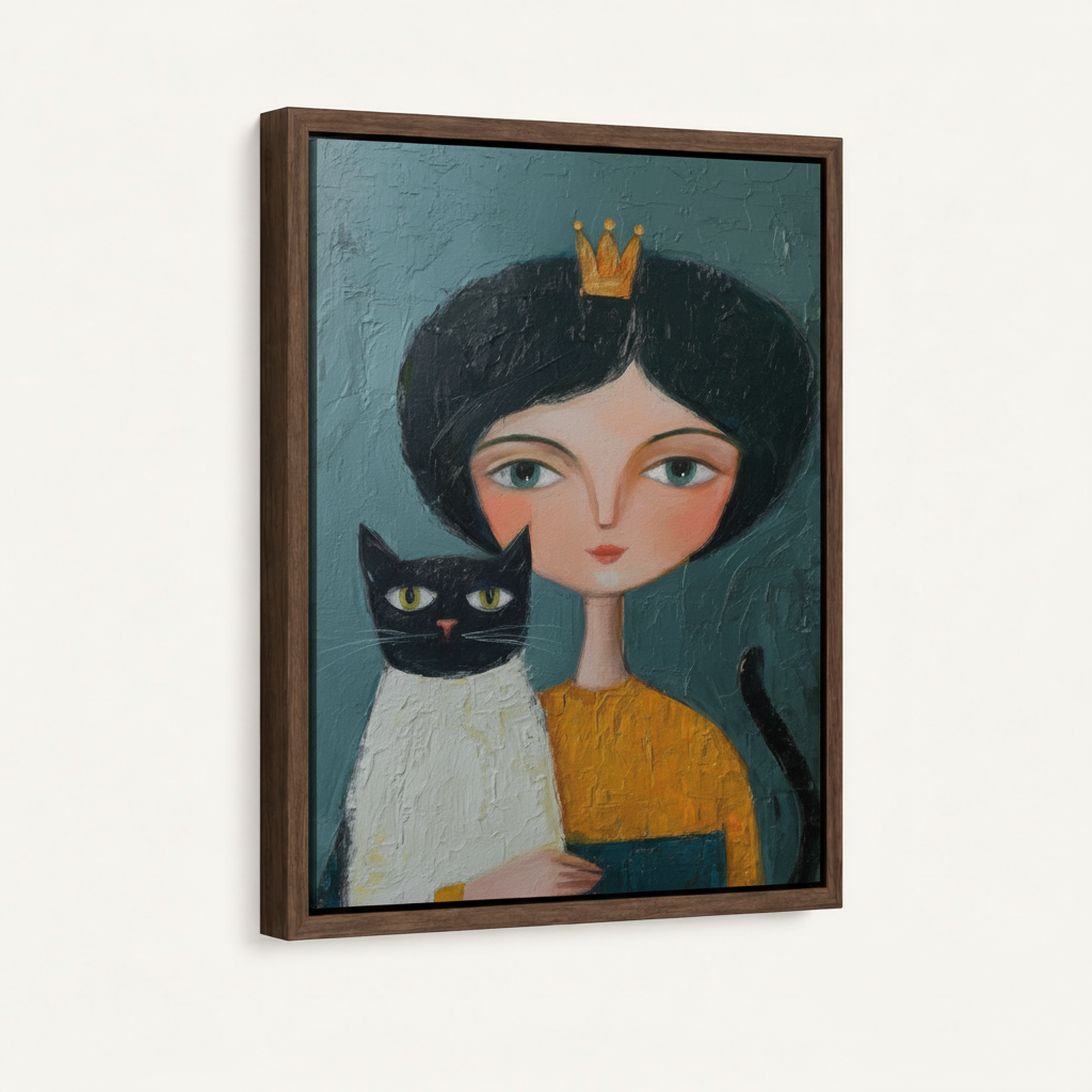 Whimsical girl crown black cat canvas in dark walnut float frame, 3/4 angle showing frame depth