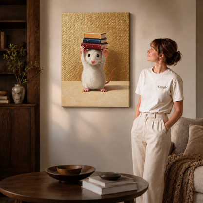 Frameless bookish mouse canvas wall art displayed beside a woman in a warm contemporary living room