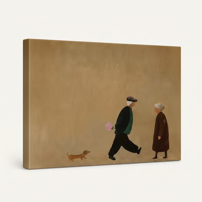 Gallery wrapped couple dachshund minimalist canvas side view showing warm golden background wrapping edges