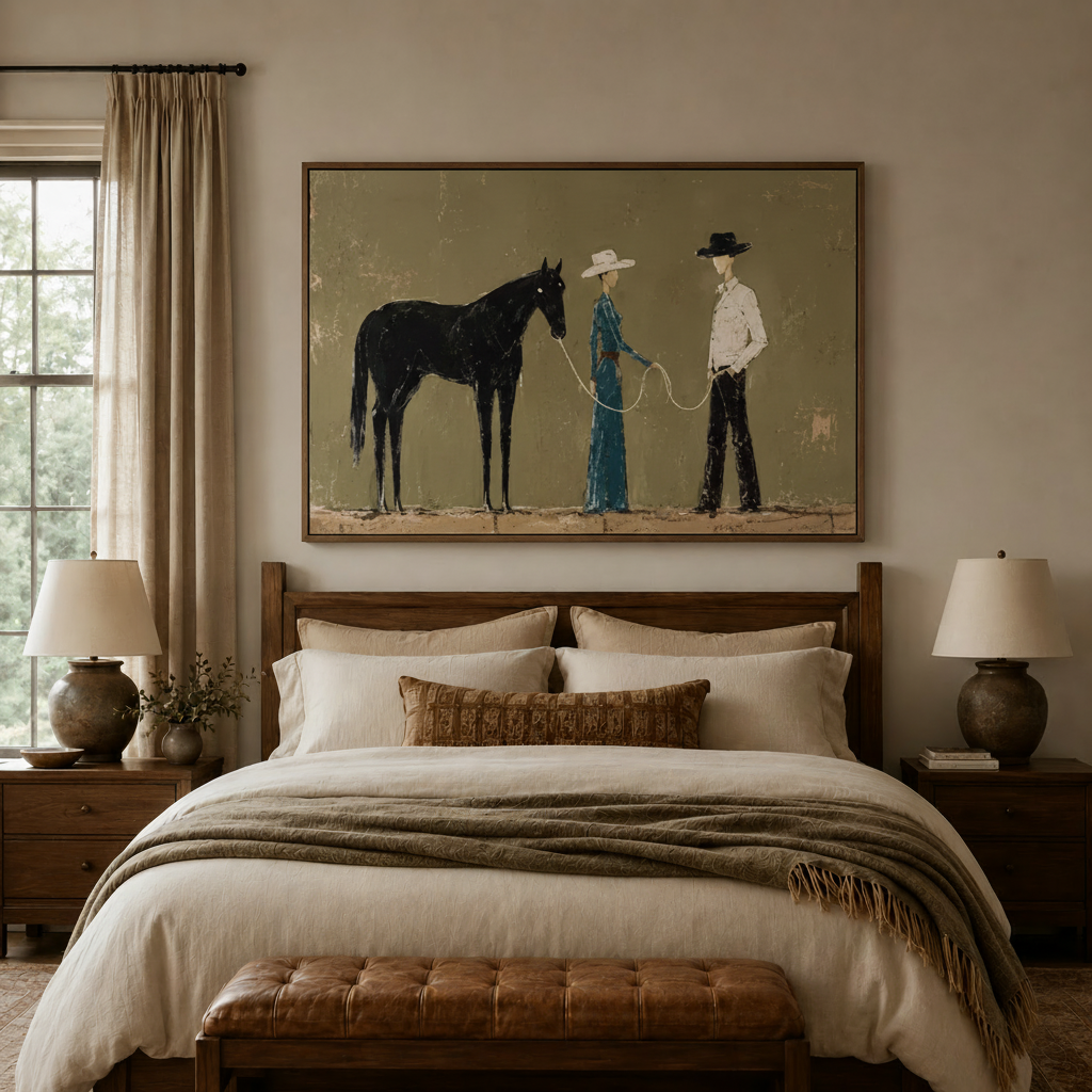 Western horse wall art hanging above a wooden bed with soft linen bedding