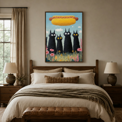 Bold impasto black cat wall art above bedroom headboard in a cozy neutral room