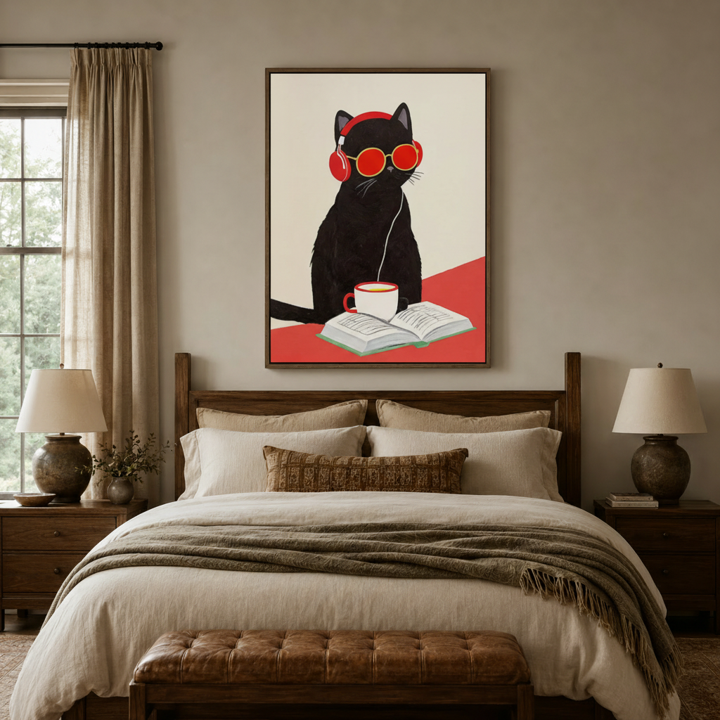 Funny cat illustration framed canvas above bed in neutral linen bedroom