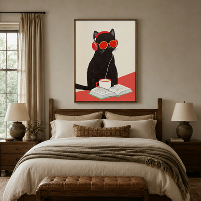 Funny cat illustration framed canvas above bed in neutral linen bedroom